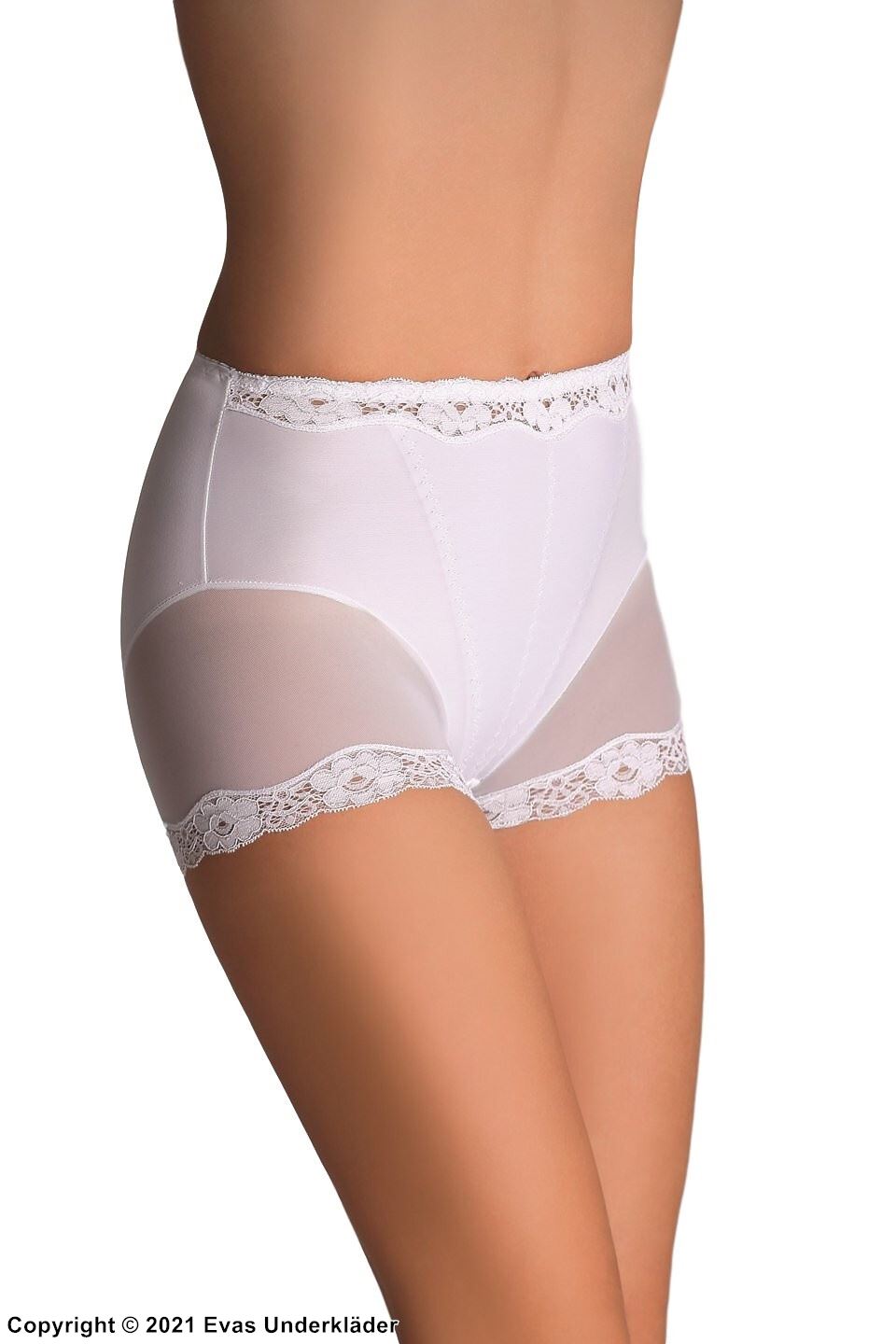 Boxer shorts, lace trim, sheer inlays, belly control